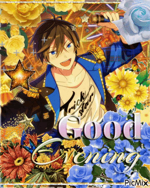a picture of a boy singing into a microphone with the words good evening on the bottom