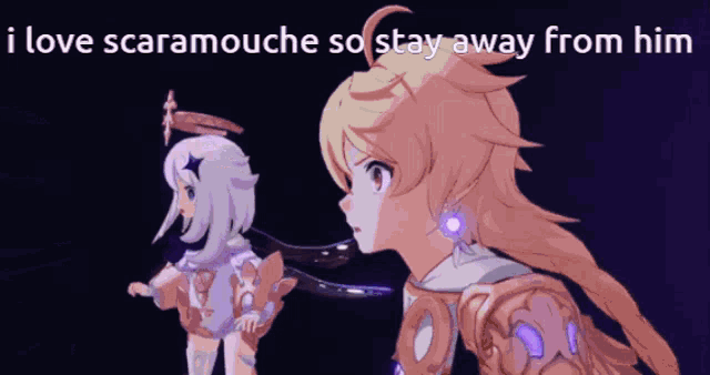 two anime characters are standing next to each other with the words " i love scaramouche so stay away from him " above them