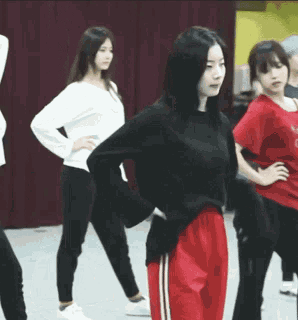 a group of young women are standing in a dance studio .