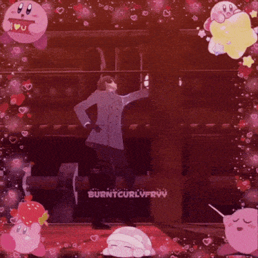 a picture of a man dancing with kirbys and hearts around him