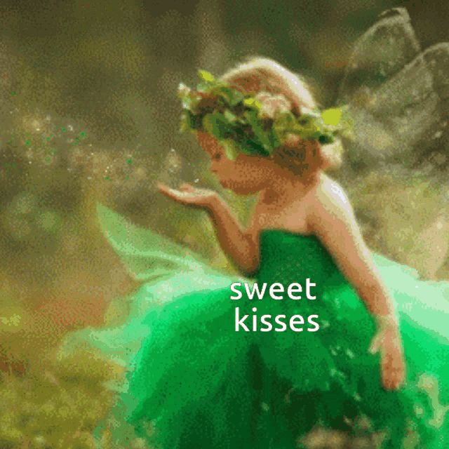 a little girl in a green dress blowing bubbles with the words sweet kisses written below her