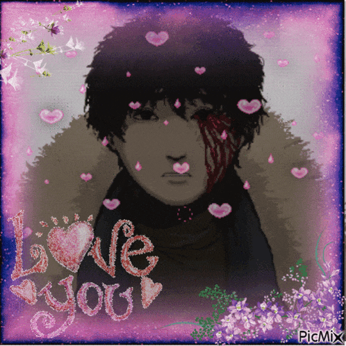 a picture of a man with hearts and the words love you on it