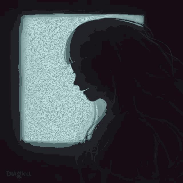 a drawing of a woman looking out of a window with the name draw kill on the bottom right