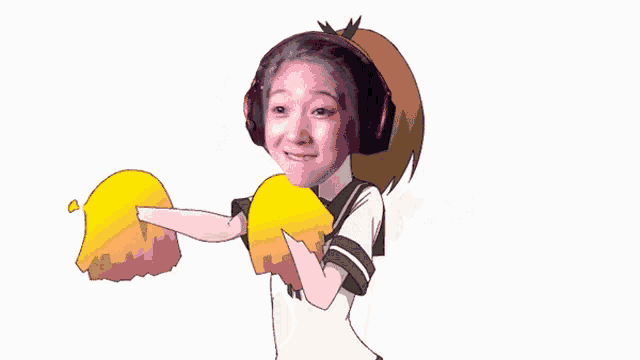 a cartoon drawing of a girl wearing headphones and holding a yellow object