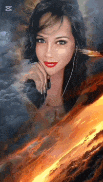 a painting of a woman wearing headphones with a sunset in the background ..