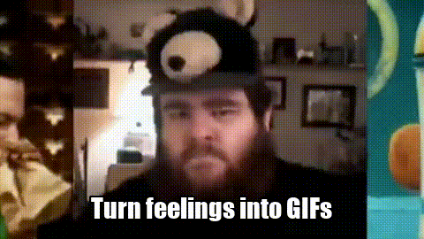 a man with a beard is wearing a teddy bear hat and the words turn feelings into gifs