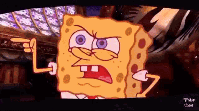a cartoon character named spongebob squarepants is pointing at something