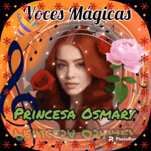 a picture of a woman with red hair is surrounded by music notes and flowers