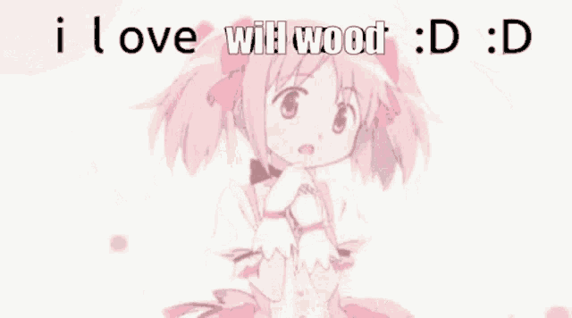 a pink anime girl is smiling with the words `` i love with wood : d : d '' .