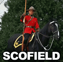 a man in a red uniform is riding a black horse with the word scofield written below him