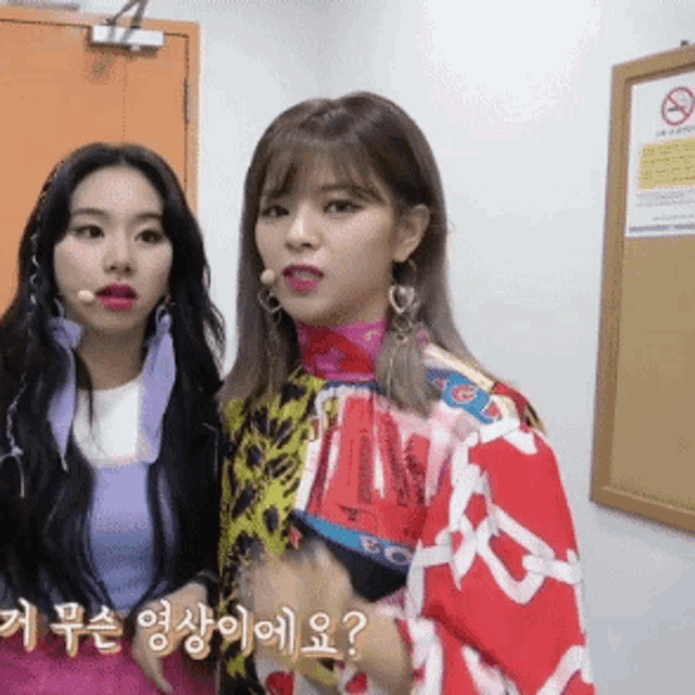 two women are standing next to each other and one has a microphone in her mouth .