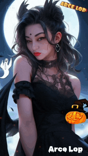 a woman in a black dress has a pumpkin on her waist and the name arcelop is on the bottom