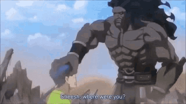 a cartoon of a man standing next to a giant muscular man .