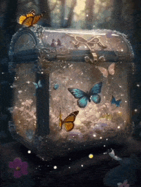 a painting of butterflies flying around a chest with flowers