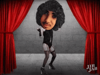 a cartoon of a man dancing in front of a red curtain with jib jab written on it