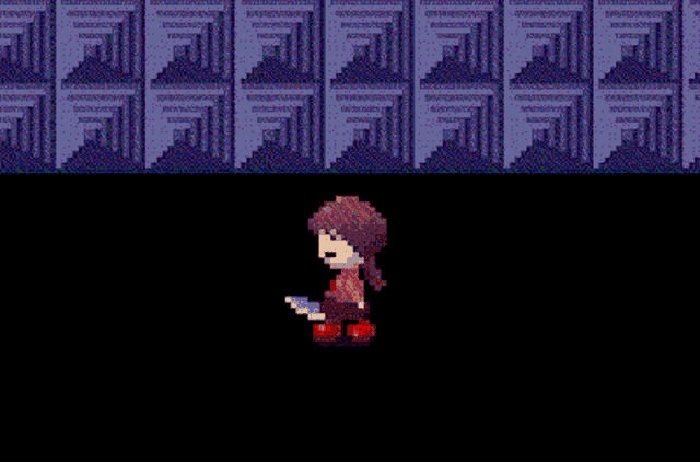 a pixel art drawing of a girl standing next to a bloody object