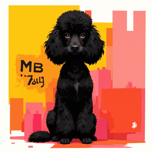 a drawing of a black poodle with the letters mb written on it