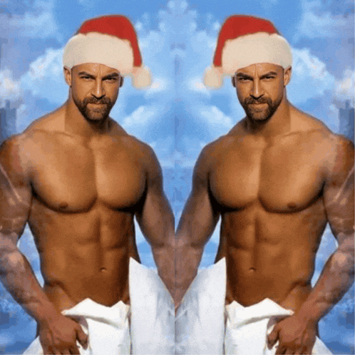 a shirtless man wearing a santa hat stands next to another shirtless man