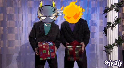 a gif of two men holding presents with the words gif jif on the bottom right