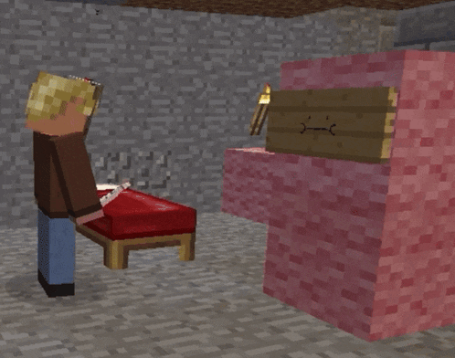 a cartoon character in a room with a red bed