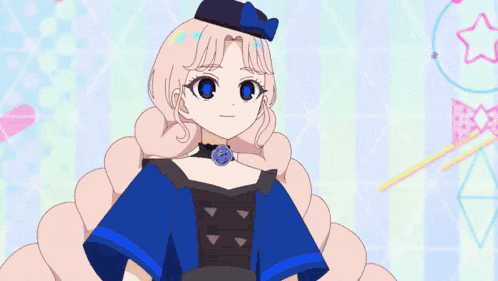 a girl in a blue dress and hat is holding a black object .