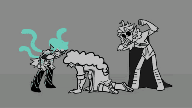 three cartoon characters are standing next to each other and one has a crown on his head