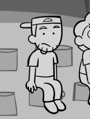 a black and white drawing of a man sitting on a box