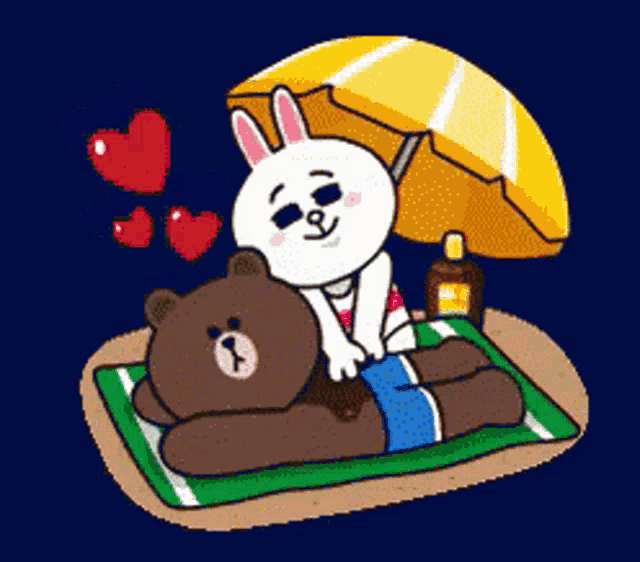 a cartoon of a brown bear and a white rabbit laying under an umbrella