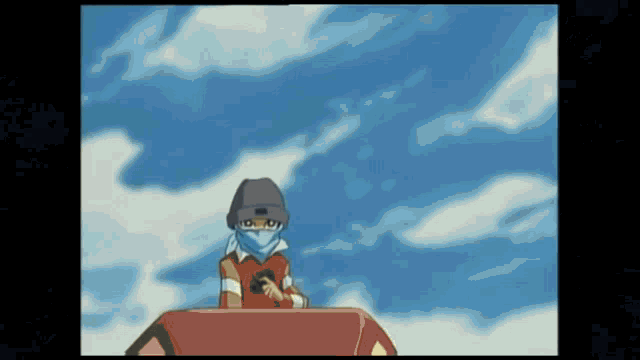 a boy with a bandana on his face is riding a roller coaster with a blue sky in the background .
