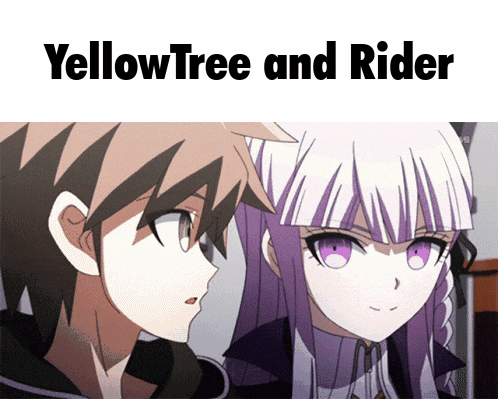 a picture of a boy and a girl with the words yellow tree and rider above them