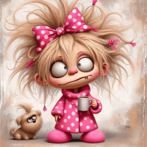 a cartoon girl with a pink bow on her head holds a cup of coffee
