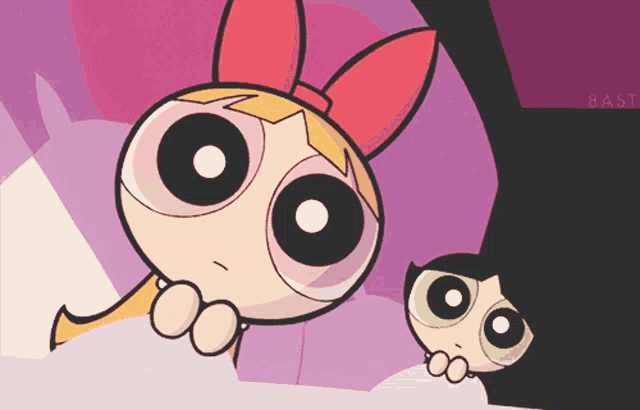 a cartoon of a girl with a red bow on her ear and the words east on the bottom