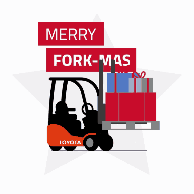 a toyota forklift is carrying a pallet full of gifts