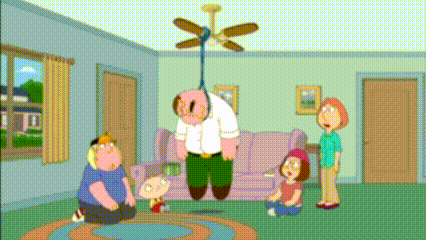 a cartoon of a man hanging from a ceiling fan
