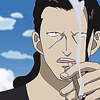 a cartoon of a man drinking from a straw with a blue sky behind him