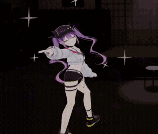 a girl with purple hair is dancing in a room