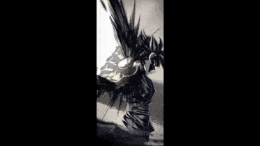 a black and white drawing of a person with a sword