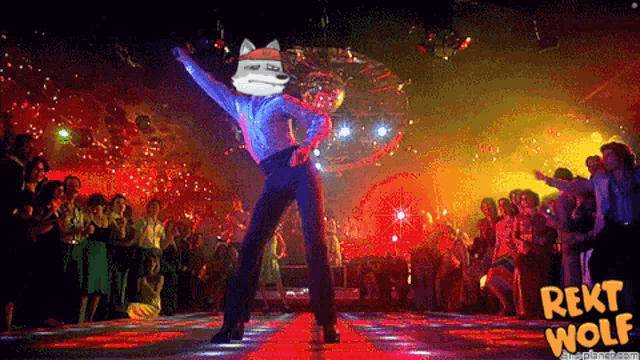 a man with a wolf head is dancing in front of a disco ball with the words " rekt wolf " written on the bottom