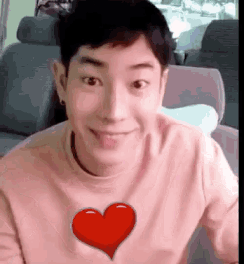 a young man wearing a pink shirt with a red heart on it .