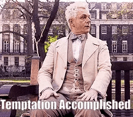 a man in a suit and bow tie is sitting on a bench in a park with the words `` temptation accomplished '' .