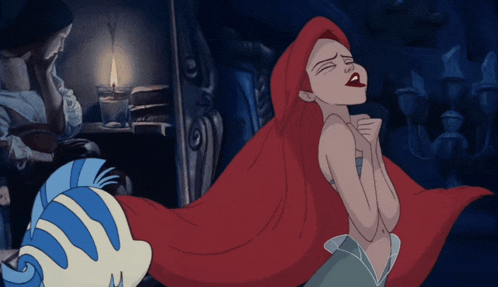 a cartoon of a woman with red hair standing next to a blue fish