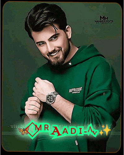 a man wearing a green hoodie and a watch has the name mr aadi written on the bottom