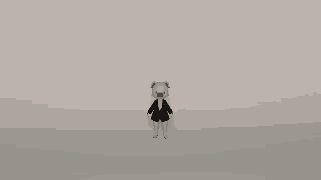 a stuffed animal wearing a tuxedo is standing on a white background