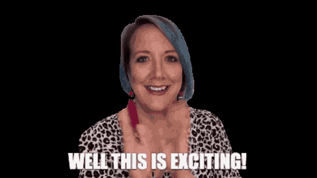 a woman with blue hair is making a surprised face and saying well this is exciting !