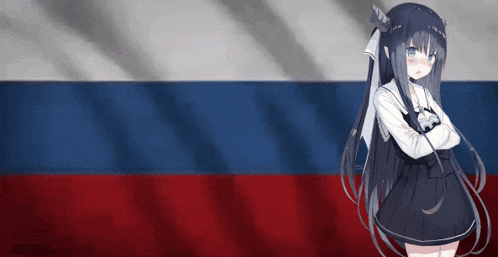 a girl with long black hair and blue eyes stands in front of a russian flag