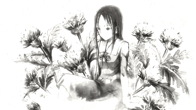 a black and white drawing of a woman sitting in a field of flowers