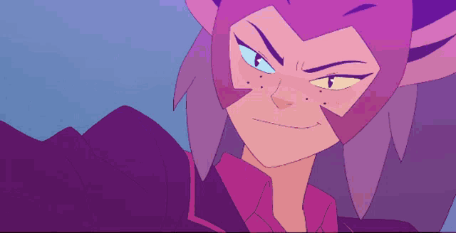 a close up of a cartoon character with a purple mask