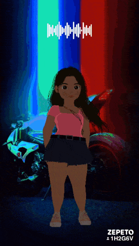 a cartoon girl standing in front of a motorcycle with the name zepeto on the bottom right