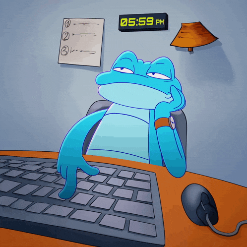 a frog is sitting at a desk with a keyboard and a clock that says 05:59 pm