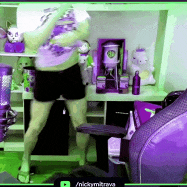 a person is dancing in front of a shelf with stuffed animals and a blender that says sid